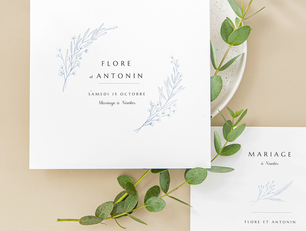 beaux faire-parts de mariage champêtres blanc, réalisés par Laurent Agier, créateur de mariage dans le var