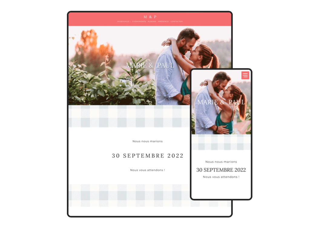 un site vitrine épuré blanc et rose l'organisation de votre mariage